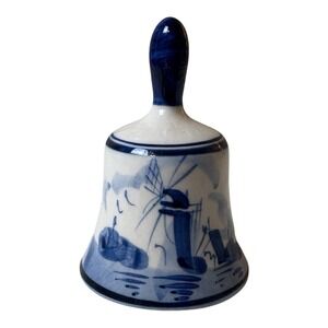 Vintage Blue & White Delft Style Porcelain Bell Windmill Scene Decorative